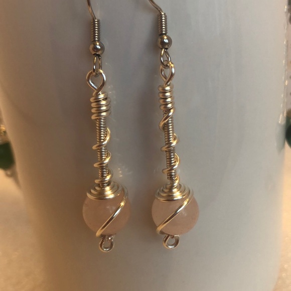 Rose quartz dangle wire wrap earrings handmade 2” - Picture 2 of 6